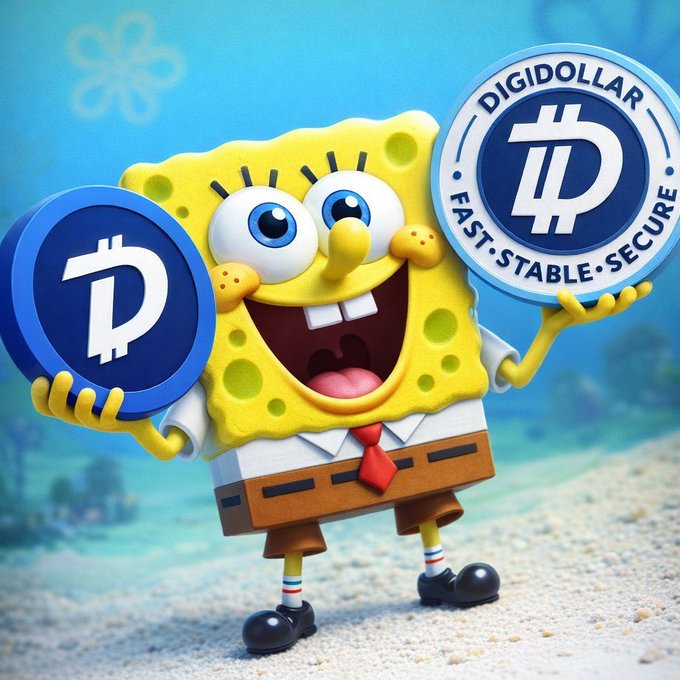 A SpongeBob SquarePants image depicting the character holding two crypto coins labeled 'DIGIDOLLAR' with the tagline 'FAST, STABLE, SECURE'.