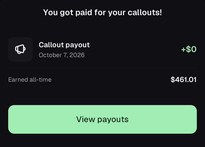 Spotify for Artists payout notification showing a "Callout payout" of +$0 on October 7, 2026, with all-time earnings of $461.01.
