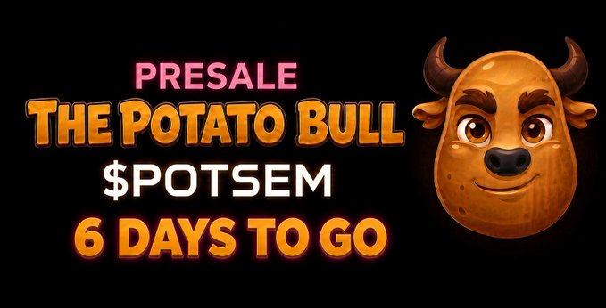 A promotional graphic for "The Potato Bull" ($POTSEM) presale features a cartoon potato with bull horns alongside text announcing "PRESALE," the ticker "$POTSEM," and "6 DAYS TO GO," aligning with the accompanying countdown announcement and call for viewers to prepare their SOL wallets for the PinkSale fair launch.
