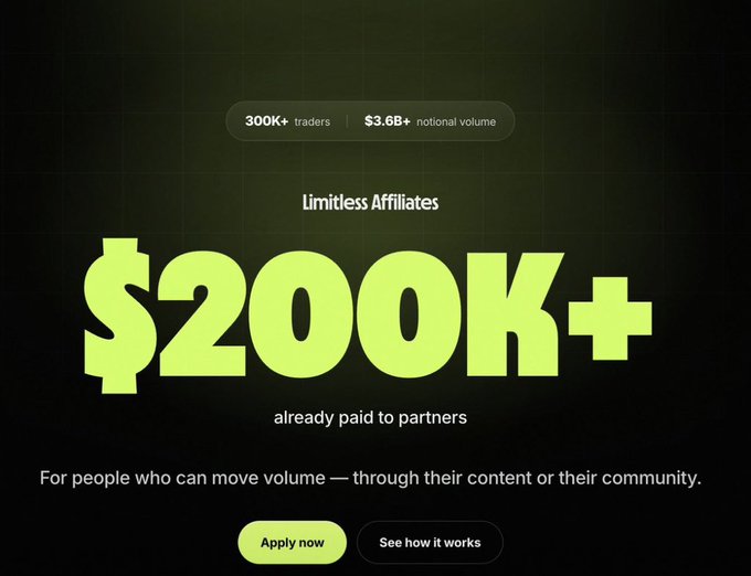 Marketing graphic for 'Limitless Affiliates' boasting 300K+ traders, $3.6B+ notional volume, and $2000K+ already paid to partners, with 'Apply now' and 'See how it works' buttons.