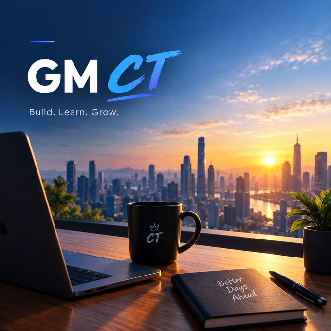 A promotional graphic with the text 'GM CT' and 'Build. Learn. Grow.' overlaid on a desk scene with a laptop, a 'CT' branded mug, and a notebook reading 'Better Days Ahead', all set against a sunset city skyline.