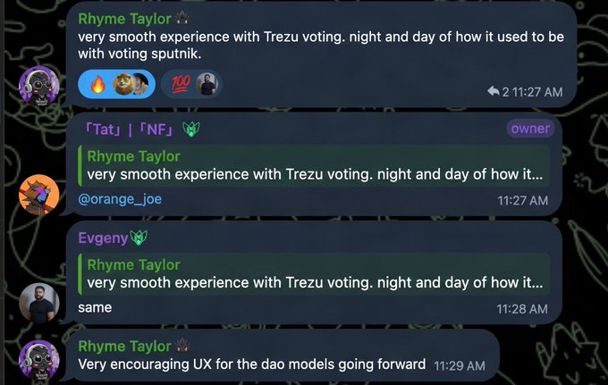 A screenshot of a Discord chat where a user named 'Rhyme Taylor' is discussing a 'very smooth experience with Trezu voting. night and day of how it used to be with voting sputnik.'