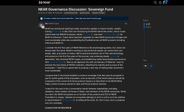 A Nansen article titled 'NEAR Governance Discussion: Sovereign Fund' discussing NEAR tokenomics, with a sidebar showing Nansen branding.
