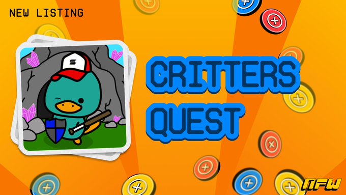 The image is a promotional graphic announcing a new listing titled "CRITTERS QUEST" on NFW, featuring a cartoon teal critter character wearing a red and white cap while holding a pickaxe and shield in a cave setting, with colorful gaming-style buttons scattered across an orange sunburst background. The "NEW LISTING" text in the corner highlights the launch, tying into the post about depositing critters to earn fees on platform pulls at 0.5 SOL each.