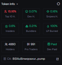 A dark-themed token info dashboard displaying metrics: Top 10 H. 15.16%, Dev H. 0.07%, Snipers H. 0.16%, Insiders 0.6%, Bundlers 0.21%, LP Burned 100%, with 4860 Holders and 991 Pro Traders, for contract address BSXu8inwqaaxur...pump.