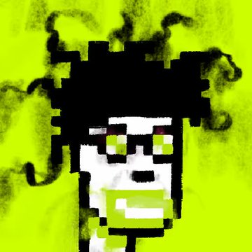 A pixel art-style portrait of a figure with dark hair against a vibrant yellow-green background, rendered in a retro digital aesthetic.