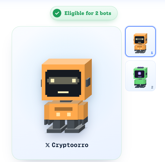 A digital display showing a 3D voxel-style orange robot character labeled 'Cryptoorro' with a banner indicating it is 'Eligible for 2 bots' and two variant options on the right.