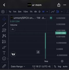 A TradingView chart displays the ticker "urmom" (SPCX) on a 1-week timeframe with extremely low volume (0.001284), reflecting the speculative and humorous nature of the post joking about "$urmom" wanting to go to "spcx" (SpaceX).