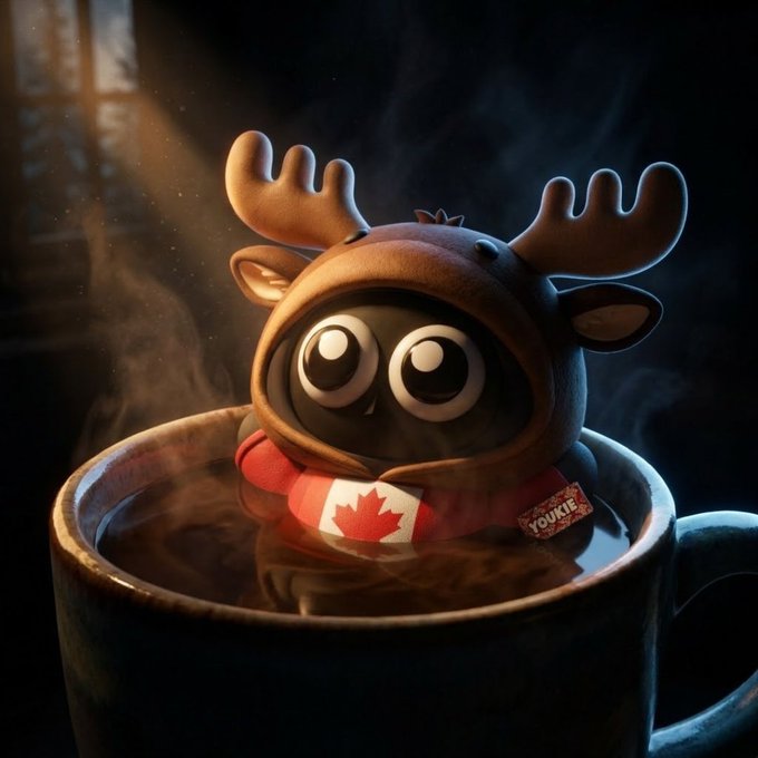 A cute 3D-rendered cartoon character dressed in a moose hoodie with a Canadian flag scarf sits in a steaming mug of coffee, featuring a 'YOUXIF' tag in a moody, atmospheric lighting setting.