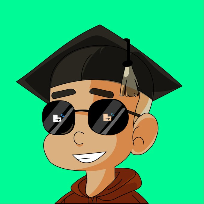 A cartoon-style portrait of a young man wearing a black graduation cap, sunglasses with arrows, and a brown hoodie, set against a green background.