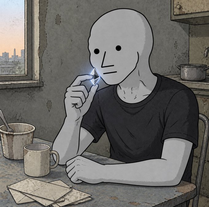 An illustration of a faceless, gray-skinned figure sitting alone at a worn kitchen table, holding a sparkling crystal shard while letters lie scattered before them.