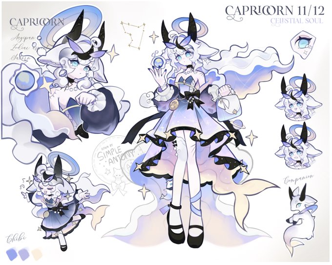 An anime-style character design sheet features a 'CAPRICORN' themed celestial soul character with blue and white hair, horns, and a starry dress, accompanied by various expressions and a companion creature.