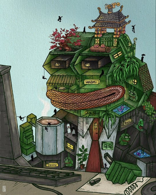 A detailed illustration of a whimsical green creature with a large mouth, sitting atop a complex building structure with Asian architectural elements, plants, and a 'WAGMI' sign.