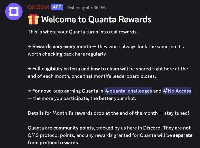 A Discord message from QMSBot announcing the launch of "Quanta Rewards," explaining that Quanta are community points tracked within Discord that can be exchanged for monthly rewards, with eligibility criteria shared at month-end after the leaderboard closes. The message relates to the post by promoting the Quanta Challenge, encouraging users to join the QMS Discord and participate in quizzes to earn Quanta points for potential rewards.