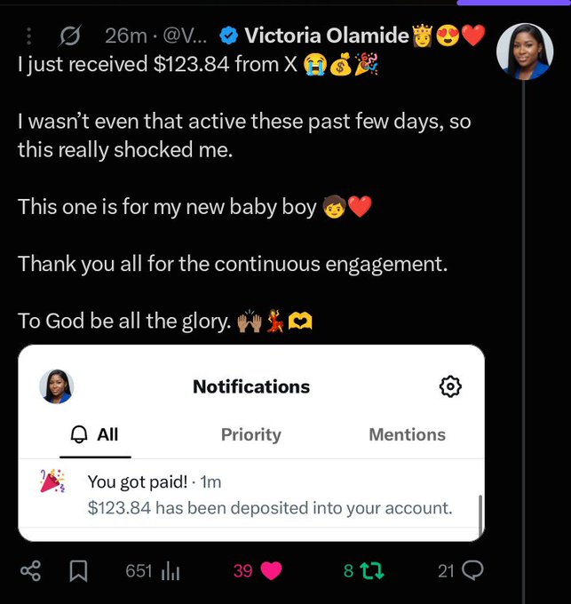 A Twitter/X post by Victoria Olamide celebrating receiving $123.84 payout, with a notification showing '$123.84 has been deposited into your account' and 651 reposts.