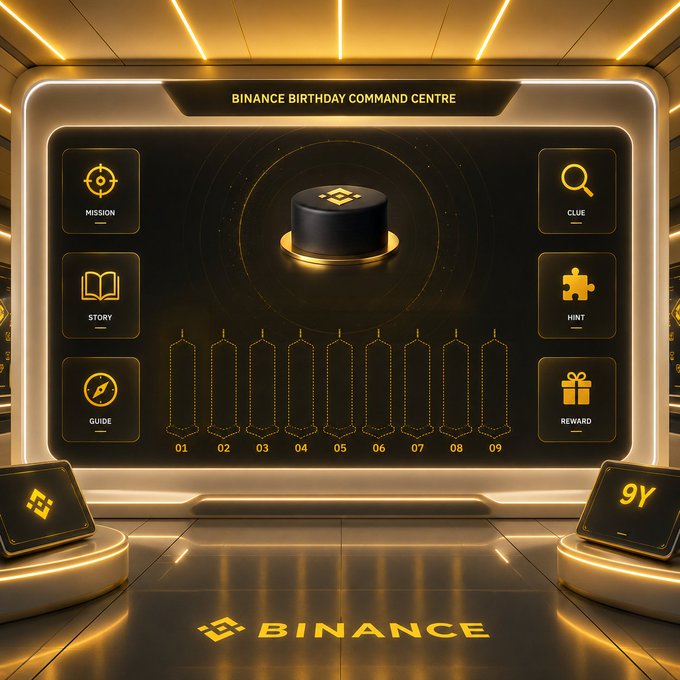 The image shows a futuristic "BINANCE BIRTHDAY COMMAND CENTRE" interface with a numbered timeline of 9 candles, menu options including Mission, Clue, Story, Hint, Guide, and Reward, and "9Y" displayed on side panels, with the "BINANCE" logo projected on the floor. This ties to the post announcing Binance's 9th birthday celebration, where the second of nine candles is hidden within this Birthday Signal Wall for users to find as part of a 9-day interactive campaign.
