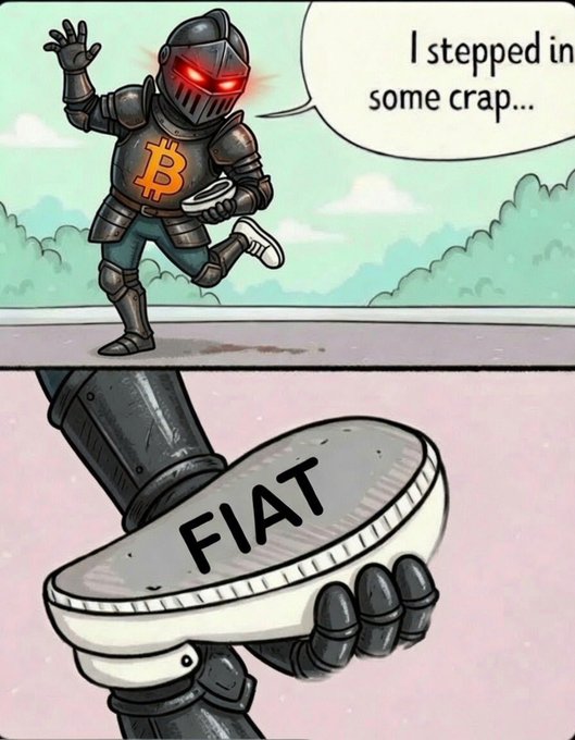 A comic-style illustration of a knight wearing Bitcoin-branded armor with the caption 'I stepped in some crap...' while holding up a sole that reads 'FIAT'.