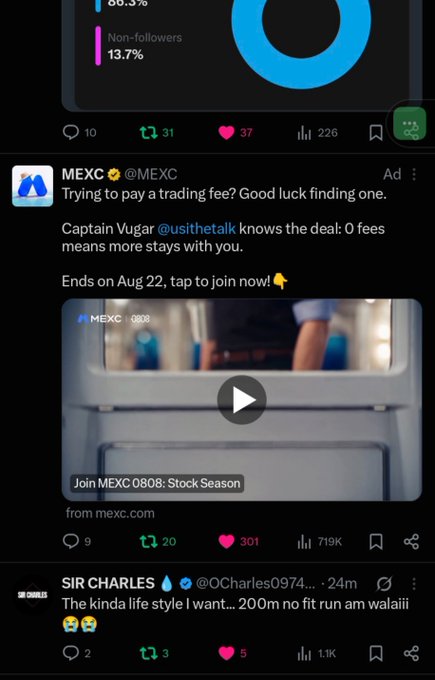 A Twitter/X feed shows a verified MEXC ad highlighting zero trading fees featuring 'Captain Vugar @usithetalk,' ending on Aug 22, with a video preview of a fridge stocked with MEXC bottles.