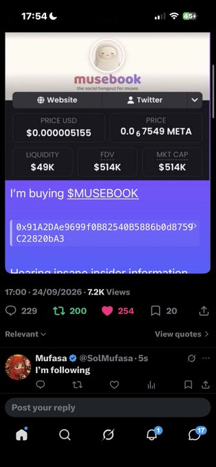 Screenshot of a mobile X/Twitter post showing the 'musebook' token with the message 'I'm buying $MUSEBOOK' and a contract address, displaying metrics like a $49K liquidity and $514K market cap, posted by @SolMufasa.