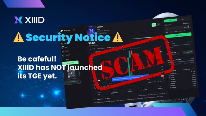 A warning notice from XIIID with a large red "SCAM" stamp over a dashboard displaying "$6.8K Market Cap" for token "XIIID AI," alerting users that XIIID has not yet launched its TGE and that fake tokens and impersonator accounts (including a fake @Pumpfun account) are circulating.