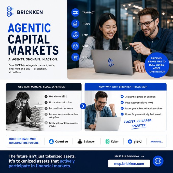 A Brickken promotional graphic for "Agentic Capital Markets" on Base MCP highlights AI agents autonomously transacting, trading, lending, minting, and buying tokenized assets onchain, contrasting the slow manual process of hiring lawyers and tokenization firms with an automated agent that registers on Brickken, pays via x402, and issues tokenized equity end-to-end.