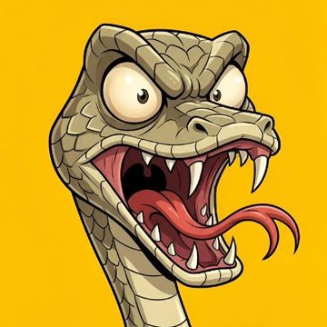 The image features a cartoon snake with its mouth open wide, displaying sharp teeth and fangs. The snake's tongue is also visible, indicating that it might be hungry or ready to eat something. The background of the image is yellow, which contrasts with the brown color of the snake.
