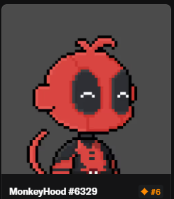 A pixel art character labeled "MonkeyHood #6329" valued at 6, depicting a red monkey-like figure wearing a dark hooded outfit against a dark gray background.