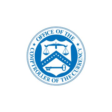 A blue circular logo for the Office of the Comptroller of the Currency, featuring a shield with scales of justice and a key.