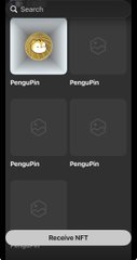 Mobile app screen showing a search interface with multiple 'PenguPin' NFT options and a 'Receive NFT' button at the bottom.