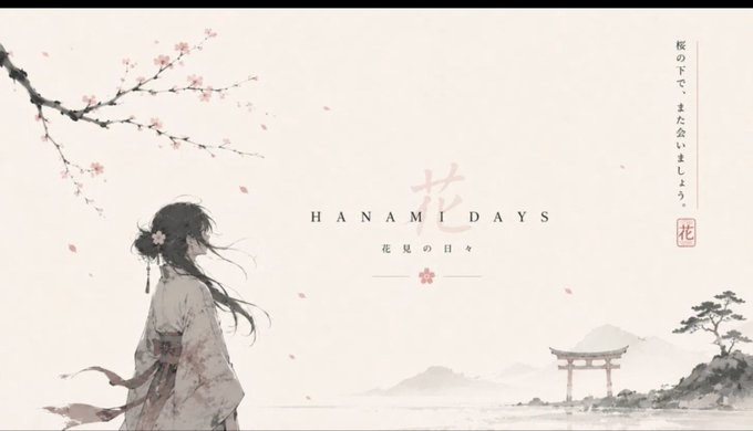 An anime-style illustration titled 'HANAMI DAYS' depicting a girl in traditional dress standing under cherry blossoms with a torii gate in the background.