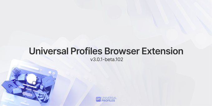 A promotional graphic for the 'Universal Profiles Browser Extension' v3.0.1-beta.102, featuring a 3D illustration of browser icons on a light background.
