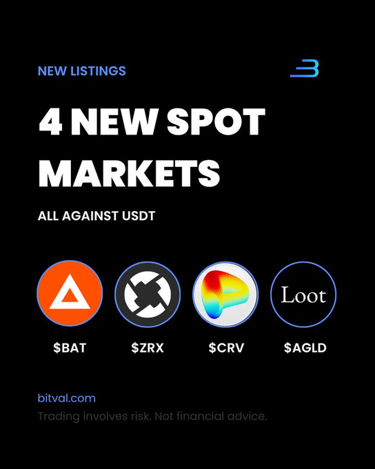 A promotional graphic for bitval.com announcing 4 new spot markets ($BAT, $ZRX, $CRV, $AGLD) against USDT, with a disclaimer that trading involves risk.