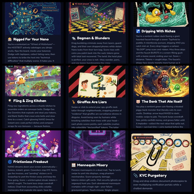 The image shows a collection of nine different game posters, each featuring unique game titles and descriptions. The poster titled "Manquequery" stands out as it promotes a new game called "No-fees.space". This game allows players to play games for free in exchange for taking photos or videos of the game's content. The other posters showcase various game genres such as action, adventure, puzzle, and sports. These posters are displayed on a website called No-fees.space, which is dedicated to promoting free gaming experiences through creative and engaging game designs.