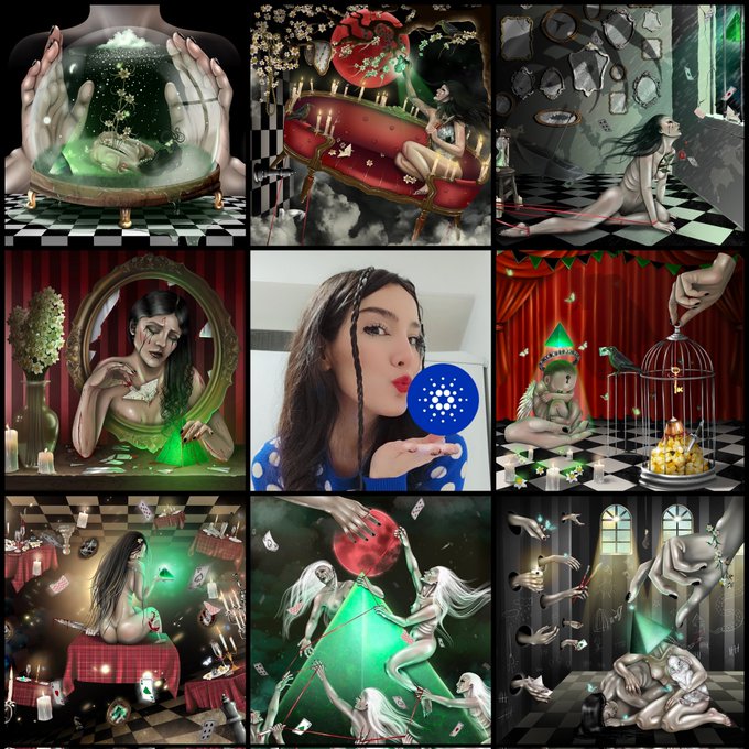 This image is a 3x3 grid featuring various surreal, dark-themed digital artworks surrounding a central photo of a woman blowing a kiss toward the blue Cardano logo. The imagery connects to the caption by presenting the Cardano brand as the central, unifying element within the creator's artistic "home."