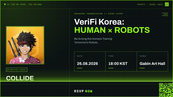 A promotional event graphic for "VeriFi Korea: HUMAN × ROBOTS," hosted at Gabin Art Hall on 26.08.2026 at 18:00 KST, featuring anime-style artwork of a verified human character and the tagline "If you're here, you belong."