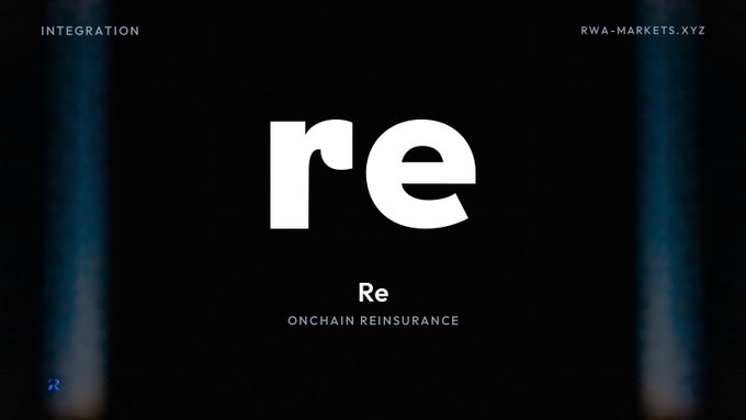 A minimalist dark screen displays a large white 're' logo with the text 'Re ONCHAIN REINSURANCE' below it, flanked by 'INTEGRATION' in the top left and 'RWA-MARKETS.XYZ' in the top right.