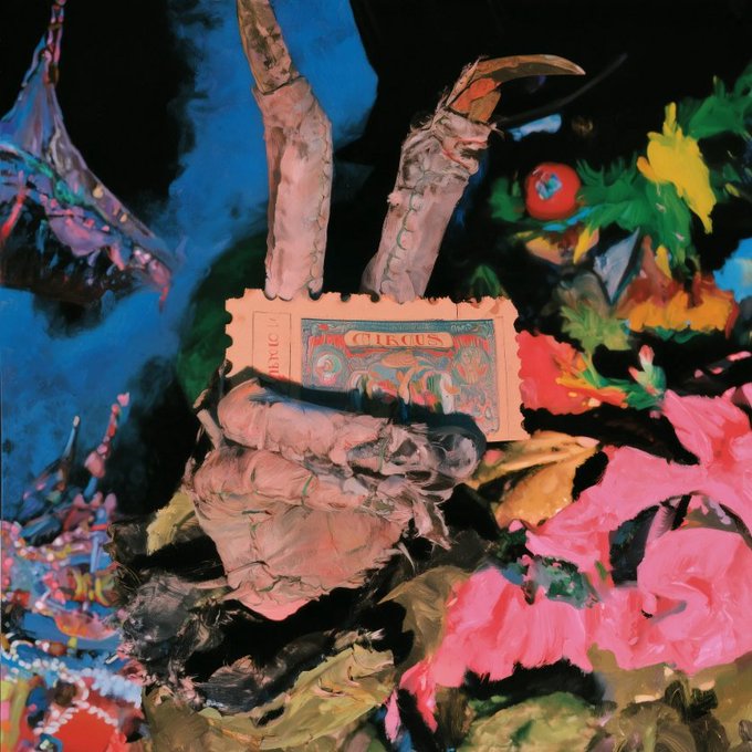A surreal, painterly digital artwork depicting a chaotic carnival scene with a figure hanging upside down holding a 'CIRCUS' ticket, surrounded by vibrant pink flowers, green foliage, and circus tent imagery in a glitchy, distorted style.