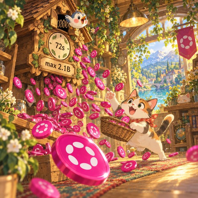 A whimsical illustrated scene featuring a calico kitten catching pink tokens pouring from a cuckoo clock labeled '72s' and 'max 2.1B', with a small bird perched on top and a scenic mountain-lake view in the background.