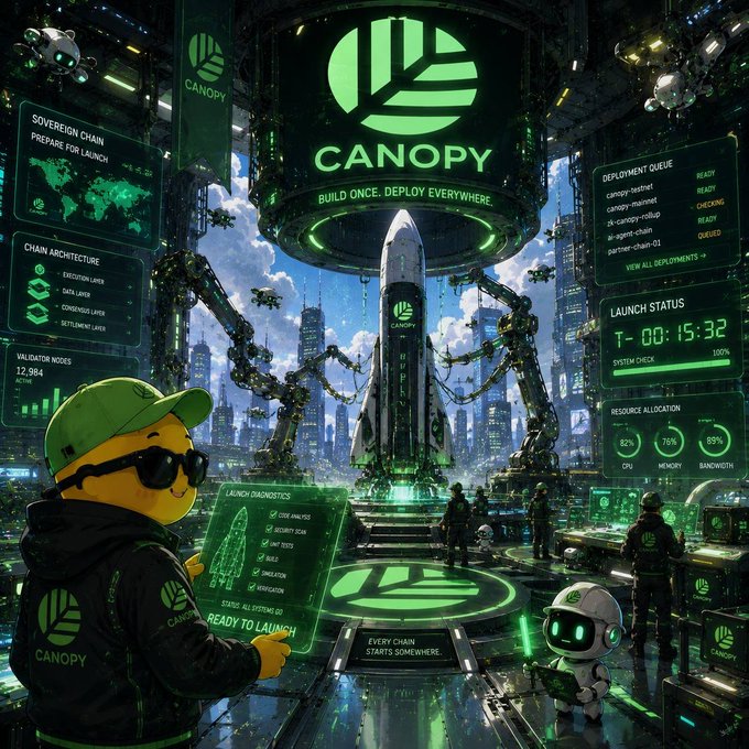 A futuristic, cyberpunk-style digital illustration of a 'CANOPY' blockchain launch pad, featuring a bear character in a green jacket, a rocket, and various tech displays with text like 'BUILD ONCE. DEPLOY EVERYWHERE' and 'READY TO LAUNCH'.