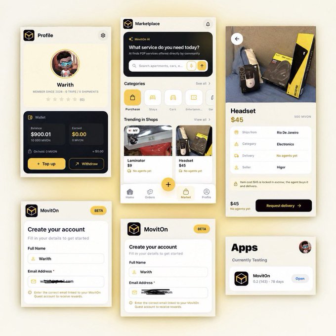 A collection of mobile app screens for MovitOn, showing user profile (Warith), marketplace listings (Laminator, Headset), wallet ($900.01), account creation forms, and an apps page.