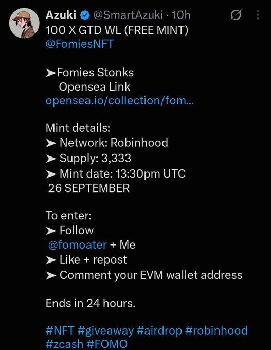 A tweet from Azuki @SmartAzuki advertising a free mint giveaway for 'Fomies Stonks' NFT with a supply of 3,333.
