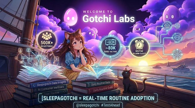 An anime-style promotional graphic titled 'WELCOME TO Gotchi Labs' featuring a girl reading books on a ship at sunset, with stats like '500K+ REGISTERED', '~80K ~80K DAILY ACTIVE', and the tagline '[SLEEPAGOTCHI = REAL-TIME ROUTINE ADOPTION]' alongside @sleepagotchi.
