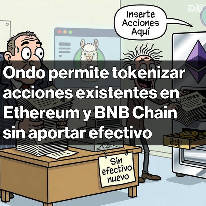 A cartoon image with Spanish text 'Ondo permite tokenizar acciones existentes en Ethereum y BNB Chain sin aportar efectivo' featuring characters and a sign reading 'Inserte Acciones Aquí' and 'Sin efectivo nuevo'.