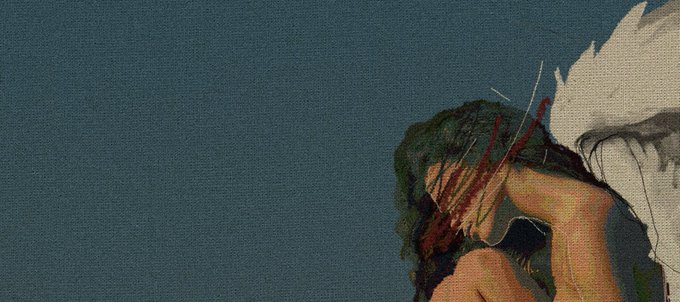 This image features a stylized, textured digital artwork of a person with dark hair, which serves as the subject for an active auction starting at 0.1e. The artistic, melancholic tone of the piece aligns with the post's announcement of its live bidding status.