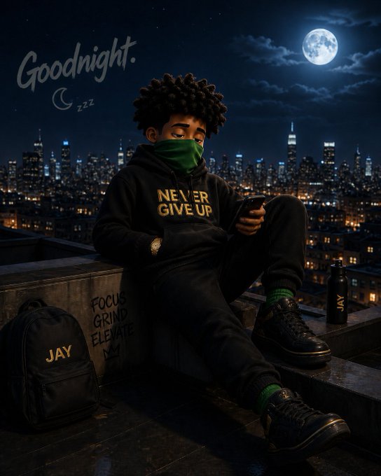 The image features a young man sitting on a ledge, wearing a hoodie with the words "Goodnight" written on it. He has his feet up and appears to be resting or taking a break from something. The background of the image shows a city skyline at night, which adds an urban atmosphere to the scene. There is also a backpack placed next to the man, suggesting that he might have been out exploring the city before deciding to rest on the ledge.