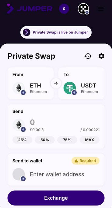 The image shows a phone screen displaying information about private swapping using the @jumperapp service. The app allows users to send money across chains without revealing their wallet activity, ensuring privacy while conducting transactions. This feature has been recently updated, making it easier for people to exchange funds securely and privately.