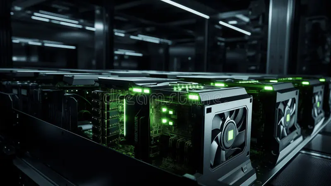 A row of computer hardware components, likely GPUs or mining rigs, is illuminated with green LED lights in a dark server room.
