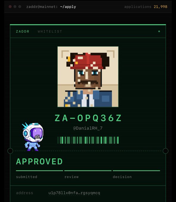 A digital application confirmation screen showing a pixel art avatar with the code "ZA-0PQ36Z" and "APPROVED" status on the ZADDR whitelist.