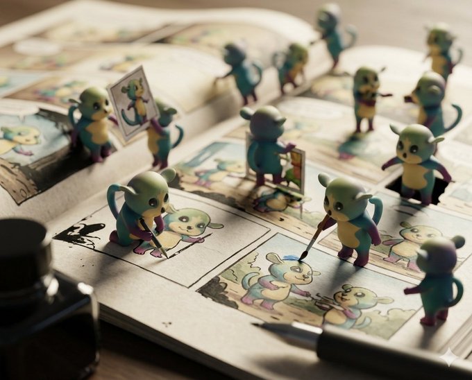 Small teal and yellow creatures with long tails are illustrated standing on an open book, appearing to paint or draw on the pages.