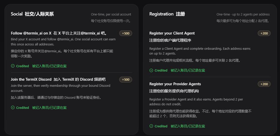 A dark-themed registration interface with sections for 'Social' (Follow @termix_ai on X, Join the TermiX Discord) and 'Registration' (Register your Client Agent, Register your Provider Agents), each showing 'Credited' status and point values like '+500' and '+200'.